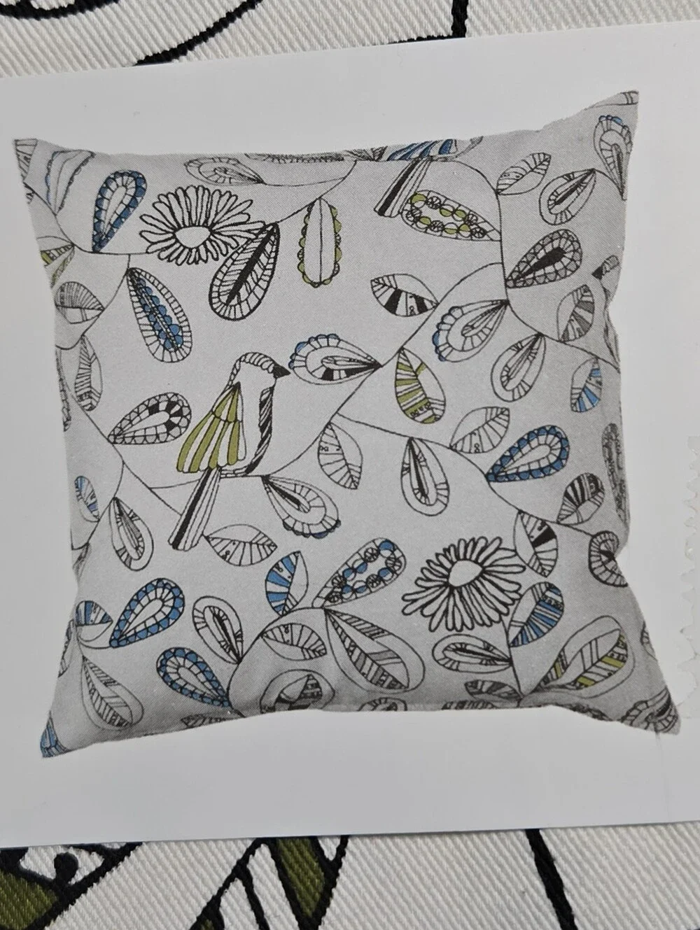 IKEA SNABBVINGE Cushion Cover 20x20” Black White Blue Olive Birds Nature Leaves